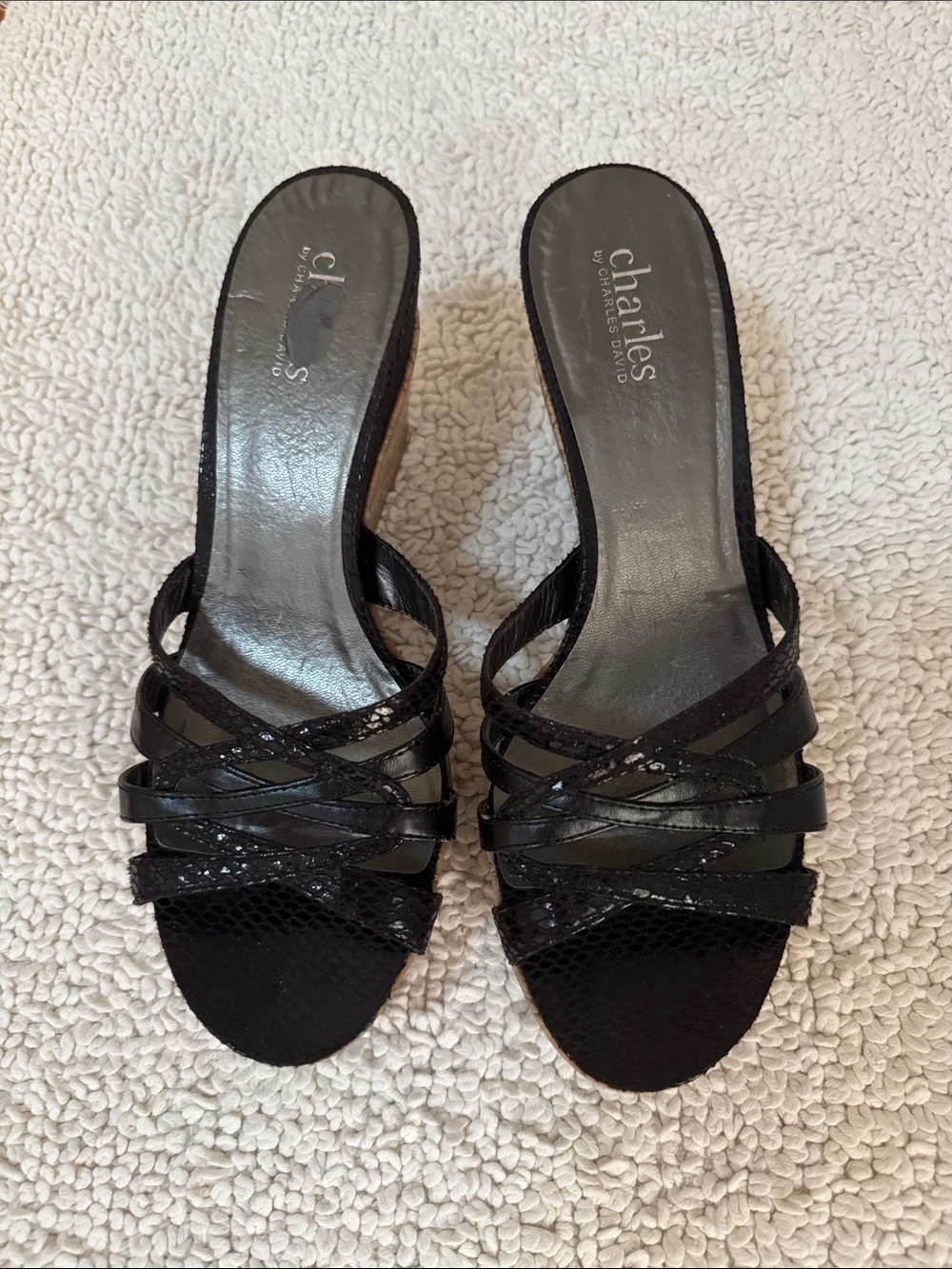 Charles by Charles David Slide “Pippi”.  Black embossed with cork heel. Size 10